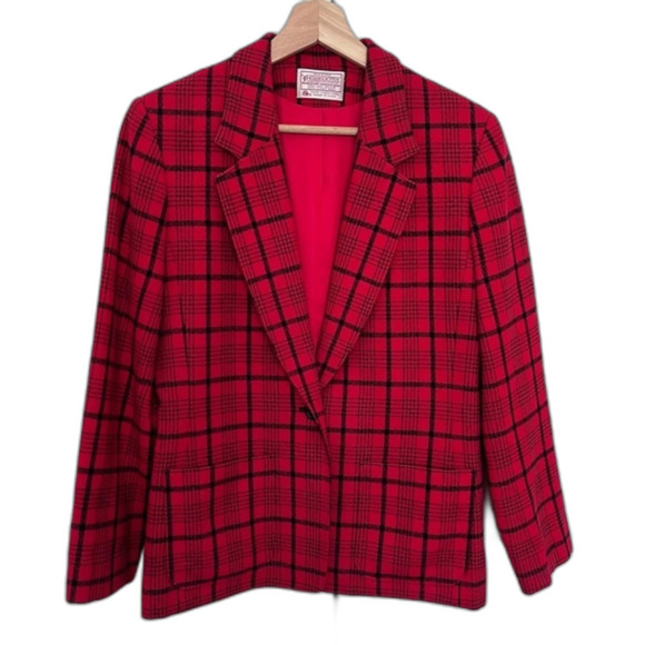 Pendleton Vintage 100% Virgin Wool Blazer Red Black Plaid Sz. 6 Petite - Picture 1 of 10